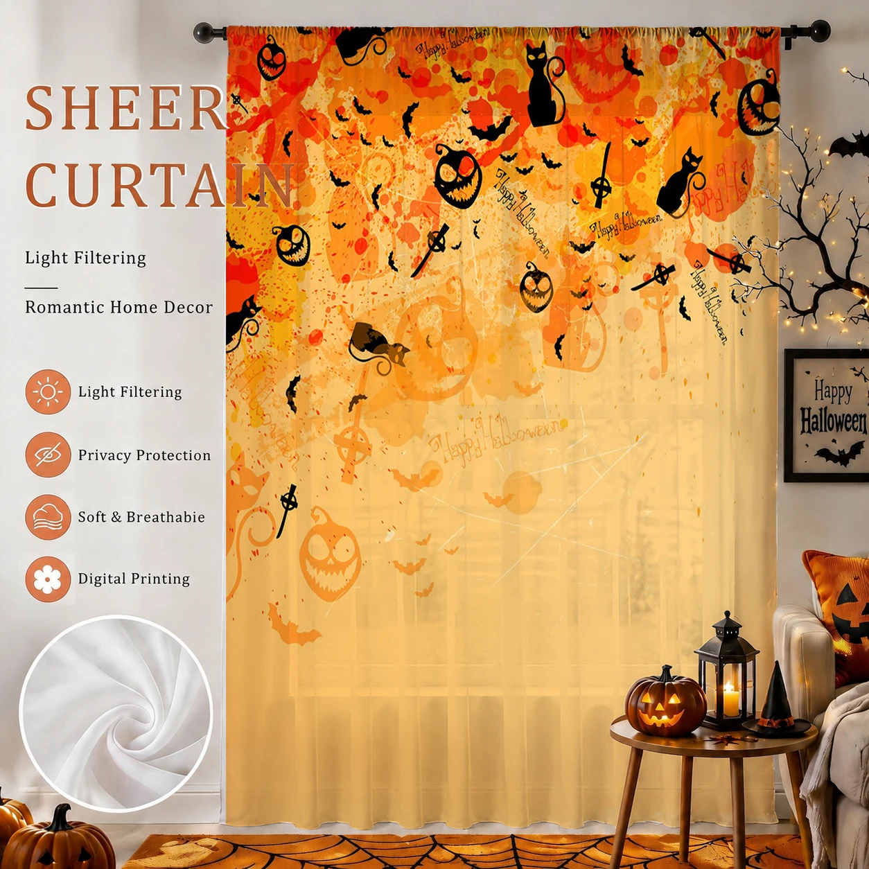 Curtain Rods - 1 Stuk Spookachtig Halloween Transparant Gordijn